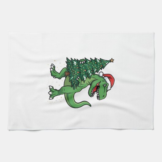 Kerstmis T-Rex met Kerstboom Theedoek (Horizontaal)
