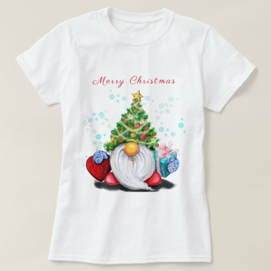 Kerstmis T-Shirt Gelukkige Gnome met Gift (Design voorkant)