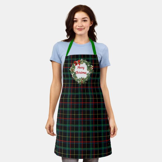 Kerstmis Tartan met Kerstkrans Schort (Gedragen)