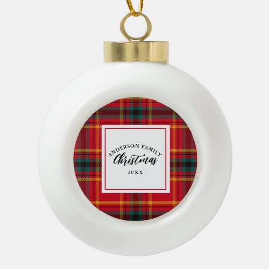 Kerstmis Tartan Plaid Familienaam Jaar Keramische Bal Ornament (Voorkant)
