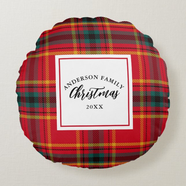 Kerstmis Tartan Plaid Familienaam Jaar Rond Kussen (Voorkant)
