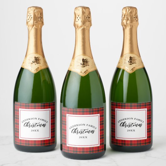 Kerstmis Tartan Plaid Familienaam Jaar Sparkling Wijnetiket (Flessen)