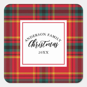 Kerstmis Tartan Plaid Familienaam Jaar Vierkante Sticker