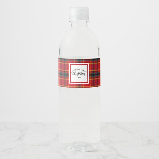 Kerstmis Tartan Plaid Familienaam Jaar Waterfles Etiket (Voorkant)