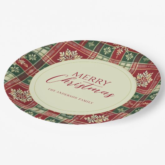 Kerstmis Tartan Plaid Sneeuwvlok Rustiek Papieren Bordje (Gekanteld)