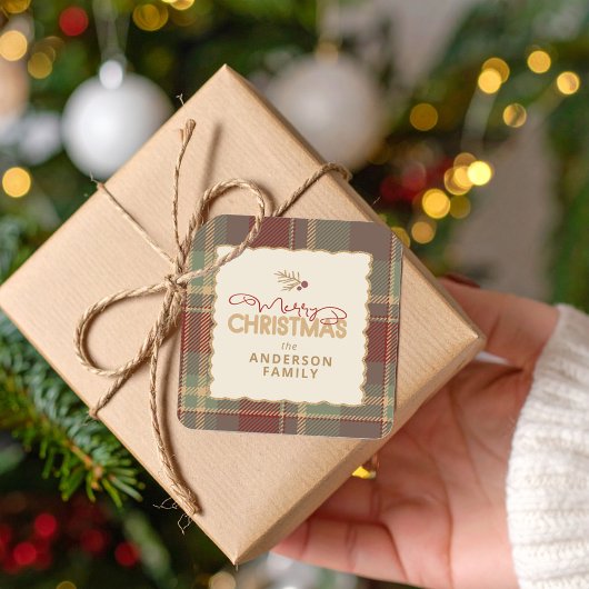 Kerstmis Tartan Rand ID1141A Vierkante Sticker