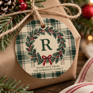 Kerstmis Tartan Schotland Monogram Achternaam Kran Bedankjes Labels