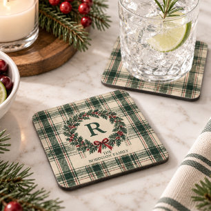 Kerstmis Tartan Schotse ruit Monogram Achternaam K Bier Onderzetter