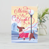 Kerstmis teckel Merry Bright Calligrafie Feestdagenkaart (Staand voorkant)