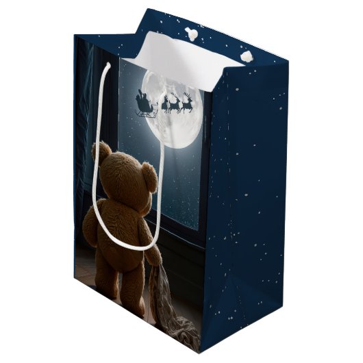 Kerstmis Teddbeer kijkt naar Kerstman Medium Cadeauzakje (Voorkant Gekanteld)