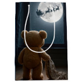 Kerstmis Teddbeer kijkt naar Kerstman Medium Cadeauzakje (Voorkant)