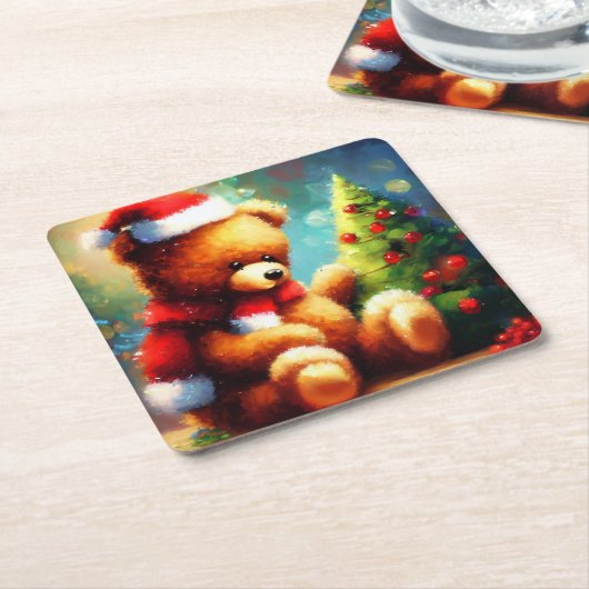Kerstmis Teddy Bear 1 Kartonnen Onderzetters (Schuin)