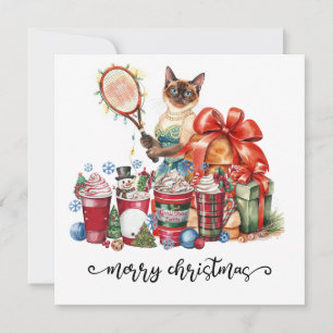 Kerstmis-tennisthema voor Siamese kattenliefhebber Feestdagenkaart