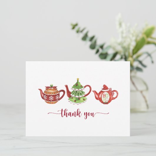 Kerstmis theepotten, Feest Bedankkaart (Staand voorkant)