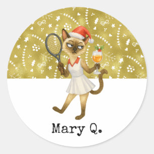 Kerstmis-thema tennis voor kattenliefhebbers ronde sticker