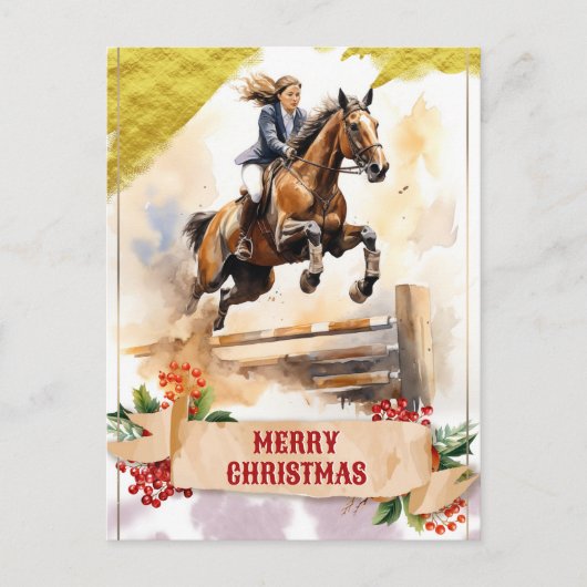 Kerstmis Tiener Meisje Paard Over Sprong Briefkaart (Voorkant)