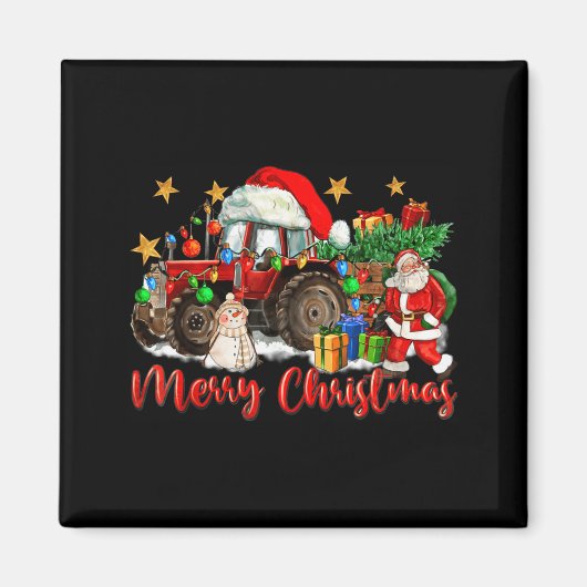 Kerstmis Tractor Met Sinterklaas Sneeuwman Magneet (Voorkant)