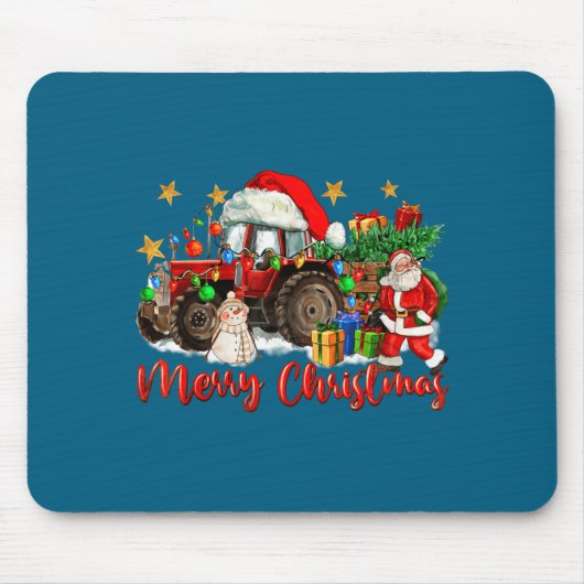 Kerstmis Tractor Met Sinterklaas Sneeuwman Muismat (Voorkant)