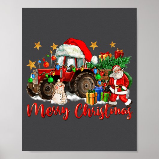 Kerstmis Tractor Met Sinterklaas Sneeuwman Poster (Voorkant)