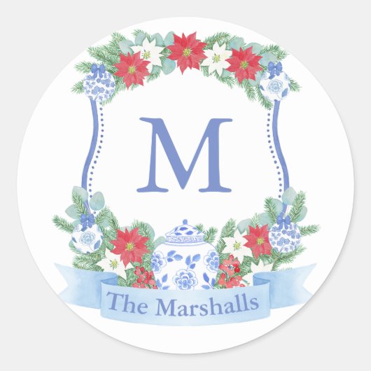 Kerstmis Traditionele Monogram Kam Envelop Seal Ronde Sticker (Voorkant)