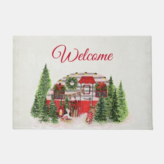 Kerstmis Trailer Camper Rustieke Scène Welkom Deurmat (Voorkant)