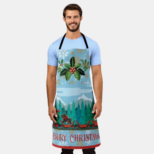 Kerstmis Trein op Ijs Blauw Schort (Gedragen)