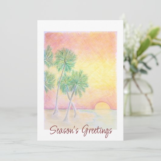 Kerstmis Tropische Strand Zonsondergang Palmbomen Feestdagenkaart (Staand voorkant)
