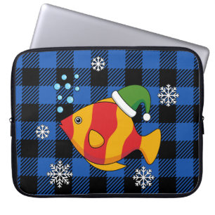 Kerstmis Tropische Vis Cartoon op Blauwe Buffalo P Laptop Sleeve