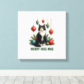 Kerstmis Tuxedo Kat met Kerstversiering Vrolijk Canvas Afdruk (Insitu (Houten vloer))