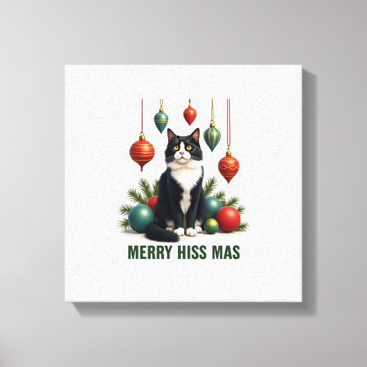 Kerstmis Tuxedo Kat met Kerstversiering Vrolijk Canvas Afdruk (Voorkant)