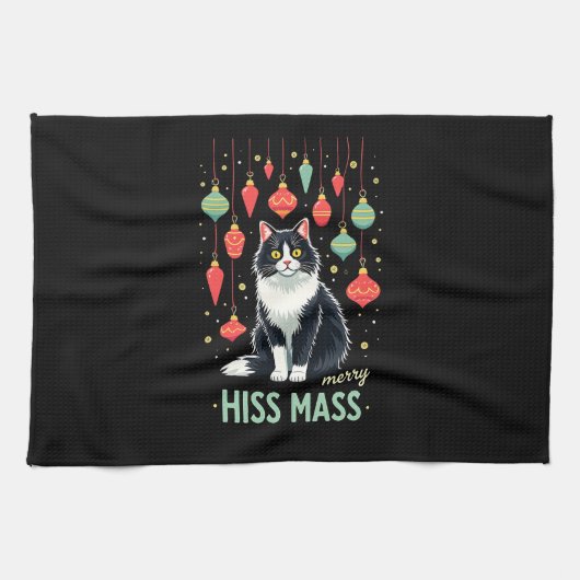 Kerstmis Tuxedo Kat met Kerstversiering Vrolijk Theedoek (Horizontaal)