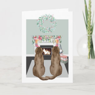 Kerstmis Twee Choc Labrador Honden Haard Scene Feestdagen Kaart