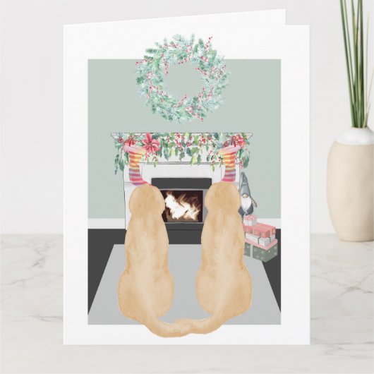 Kerstmis twee gele labrador Dogs Fireplace Scene Kaart (Voorkant)