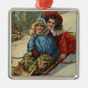 Kerstmis, twee kleine meisjes die slapen metalen ornament