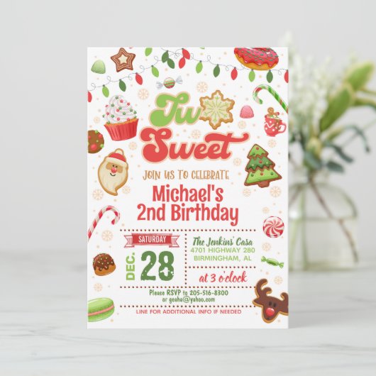 Kerstmis twee lieve verjaardag uitnodiging (Staand voorkant)