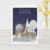 Kerstmis twee man Deer Snow Scene op maat gemaakt Kaart (Gele Bloem)