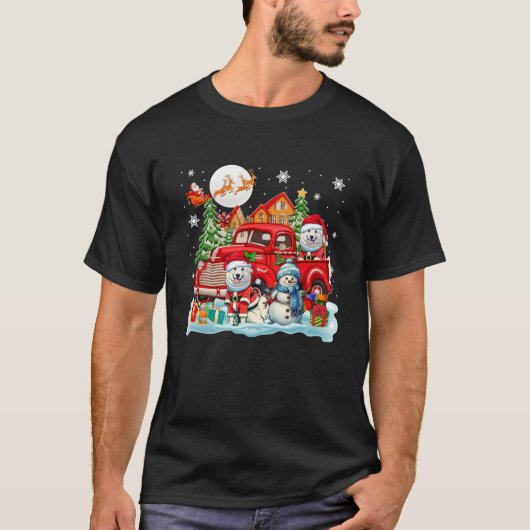 Kerstmis twee Santa Samoyeds op pick-up vrachtwage T-shirt (Voorkant)