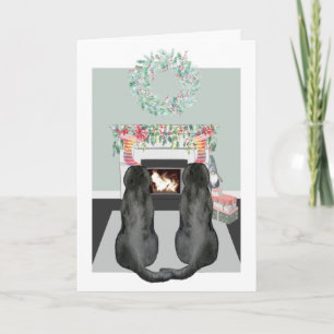 Kerstmis twee zwarte labrador Honden Fireplace Sce Feestdagen Kaart