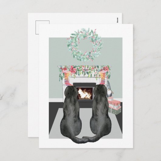 Kerstmis twee zwarte labrador Honden Fireplace Sce Feestdagenkaart (Voorkant / Achterkant)