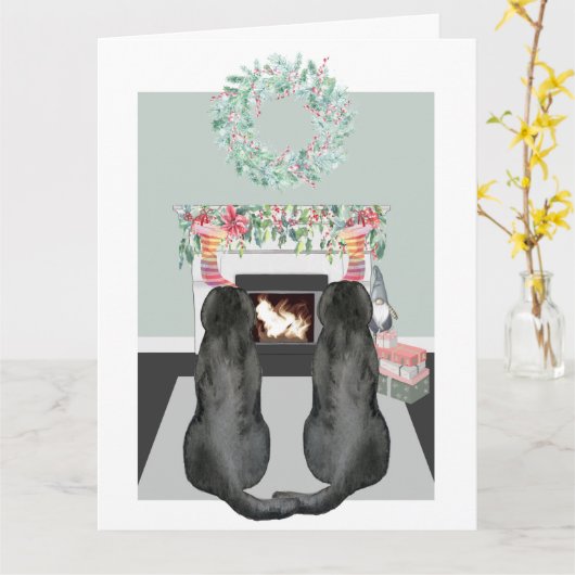 Kerstmis twee zwarte labrador Honden Fireplace Sce Kaart (Gele Bloem)