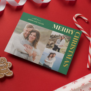 Kerstmis typografie goud op groen 3 foto's folie feestdagenkaart
