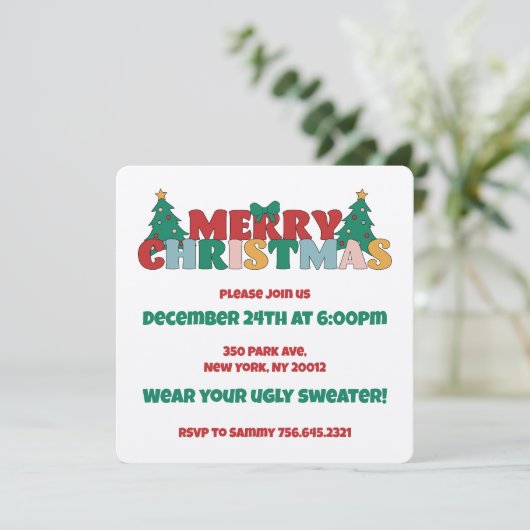 Kerstmis typografie versierde dennenboom kaart (Staand voorkant)