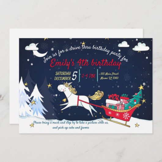 Kerstmis Unicorn Drive Thru Birthday Uitnodiging (Voorkant / Achterkant)