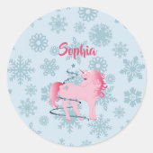 Kerstmis Unicorn Pink Girl Snowflake Ronde Sticker (Voorkant)
