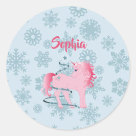 Kerstmis Unicorn Pink Girl Snowflake Ronde Sticker
