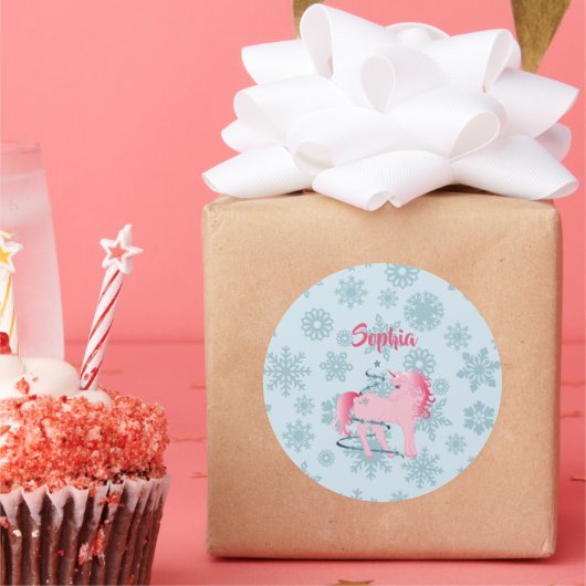 Kerstmis Unicorn Pink Girl Snowflake Ronde Sticker (Feest)