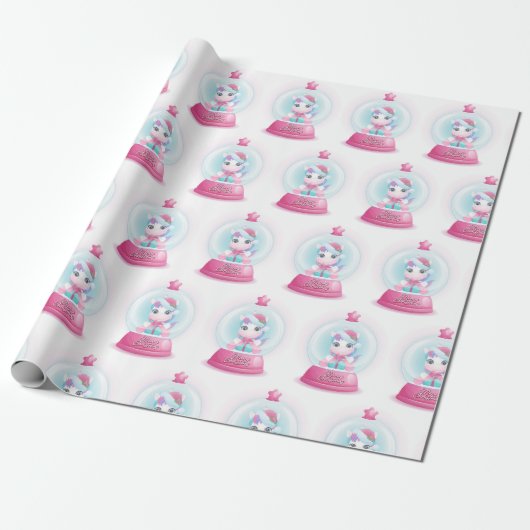 Kerstmis - Unicorn Snow Wereldbol Cute Wrapping Cadeaupapier (Uitgerold)