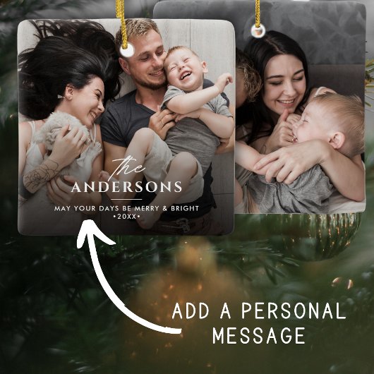 Kerstmis/Vakantie Familienaam & Bericht 2-Foto Keramisch Ornament