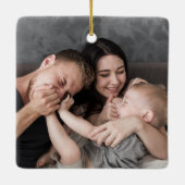 Kerstmis/Vakantie Familienaam & Bericht 2-Foto Keramisch Ornament (Achterkant)