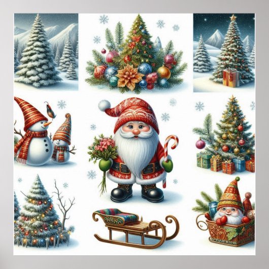 Kerstmis, vakantie, kerstman, slee, kerstboom poster (Voorkant)